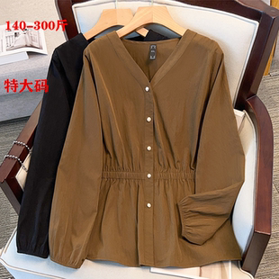 春秋韩版 300斤设计感V领衬衫 240胖mm宽松显瘦洋气上衣 女装 特大码