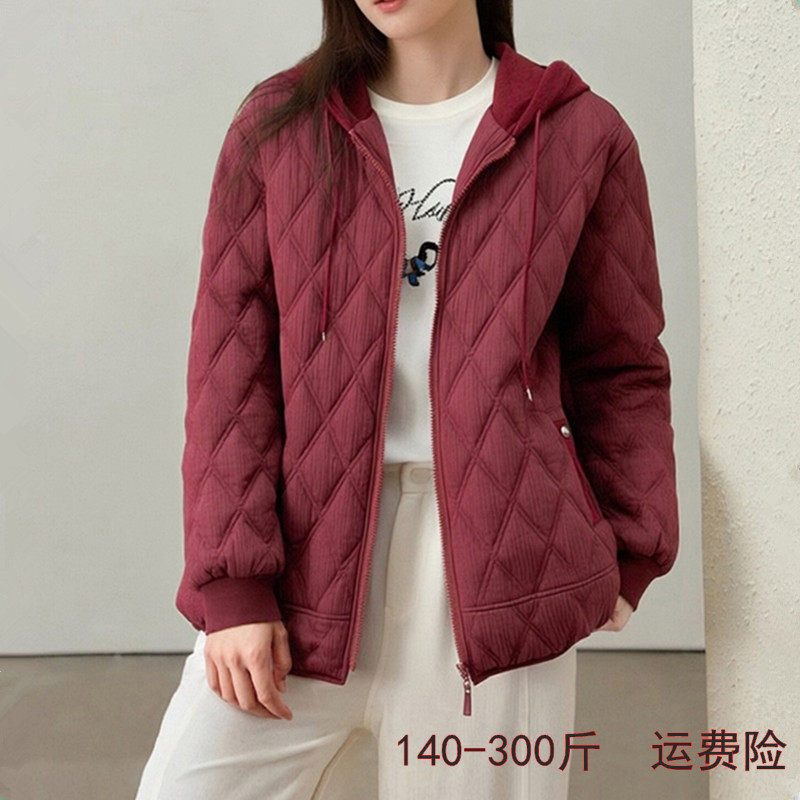 特大码女装中长款连帽棉服外套300斤冬季韩版胖MM宽松遮肚子棉衣