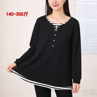 300胖mm遮肚显瘦宽松上衣 春秋韩版 200斤特大码 洋气撞色T恤女长袖