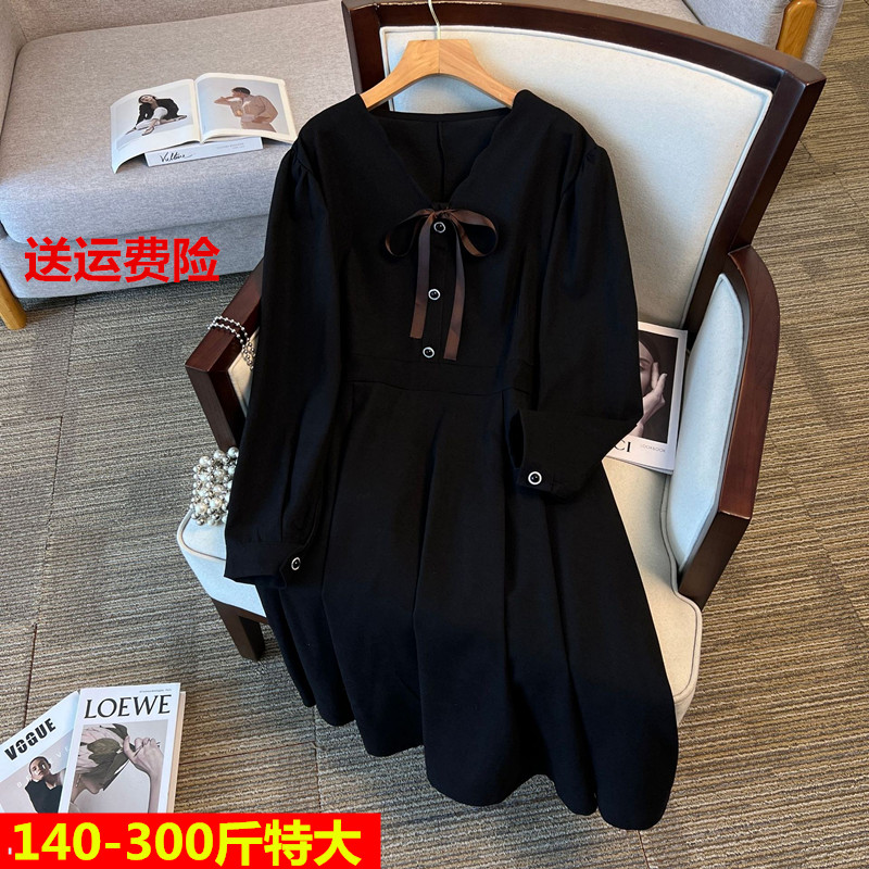 胖妹妹春秋冬V领连衣裙韩版宽松