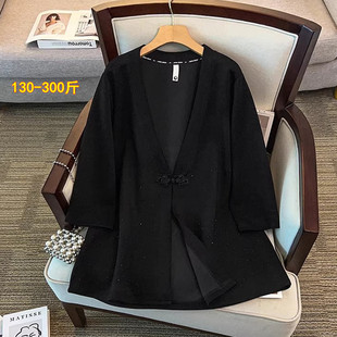 特大码女装300斤胖mm新中式盘扣烫钻七分袖V领外套春夏休闲上衣潮