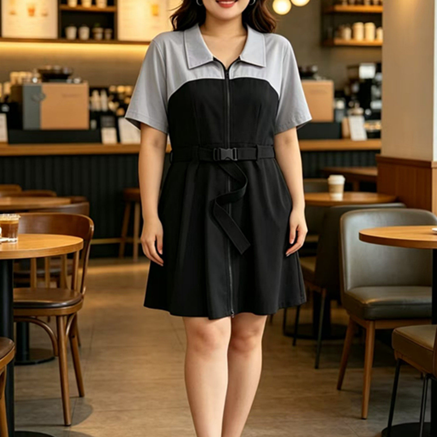 特大码遮肚显瘦拼接短袖连衣裙女