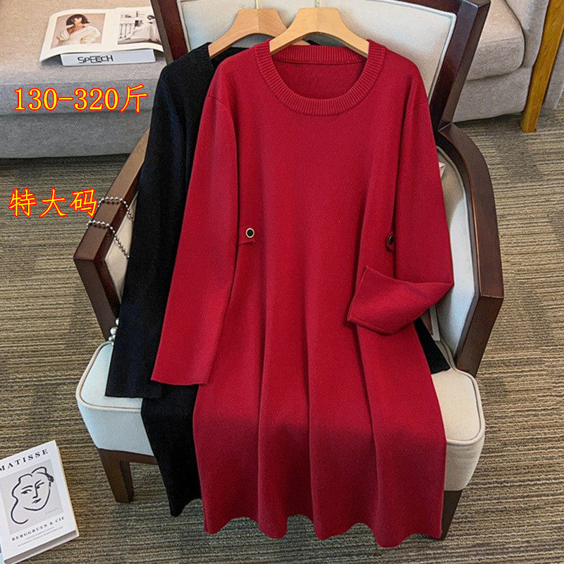 特大码女装洋气时尚针织连衣裙300斤胖mm宽松显瘦长款红色毛衣裙