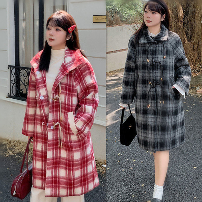 240斤中长款格子毛呢大衣女冬韩版胖mm200特大码宽松减龄红色外套,女装/女士精品,大码呢大衣,淘宝优惠券,粉丝福利购,淘宝优惠卷