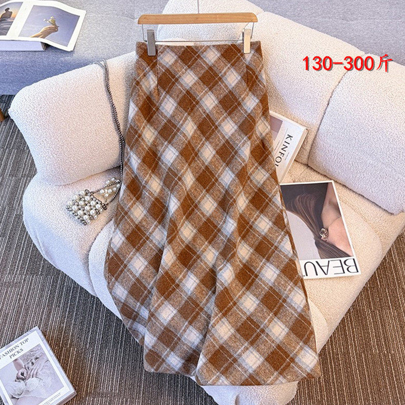 胖mm特大码中长款格子毛呢半身裙女秋冬装韩版300斤高腰显瘦A字裙