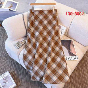 胖mm特大码中长款格子毛呢半身裙女秋冬装韩版300斤高腰显瘦A字裙