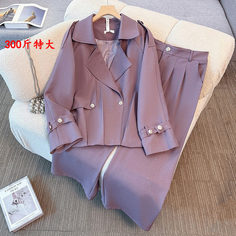 特大码300斤春秋时尚休闲套装女胖mm高级感西装外套阔腿裤两件套