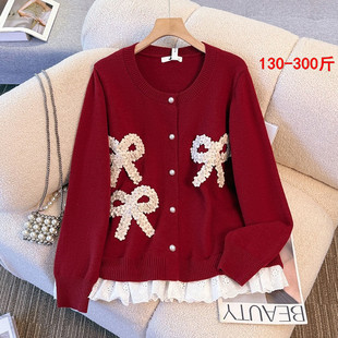 特大码宽松新年红色毛衣女冬季韩系胖mm300斤慵懒风针织开衫外套