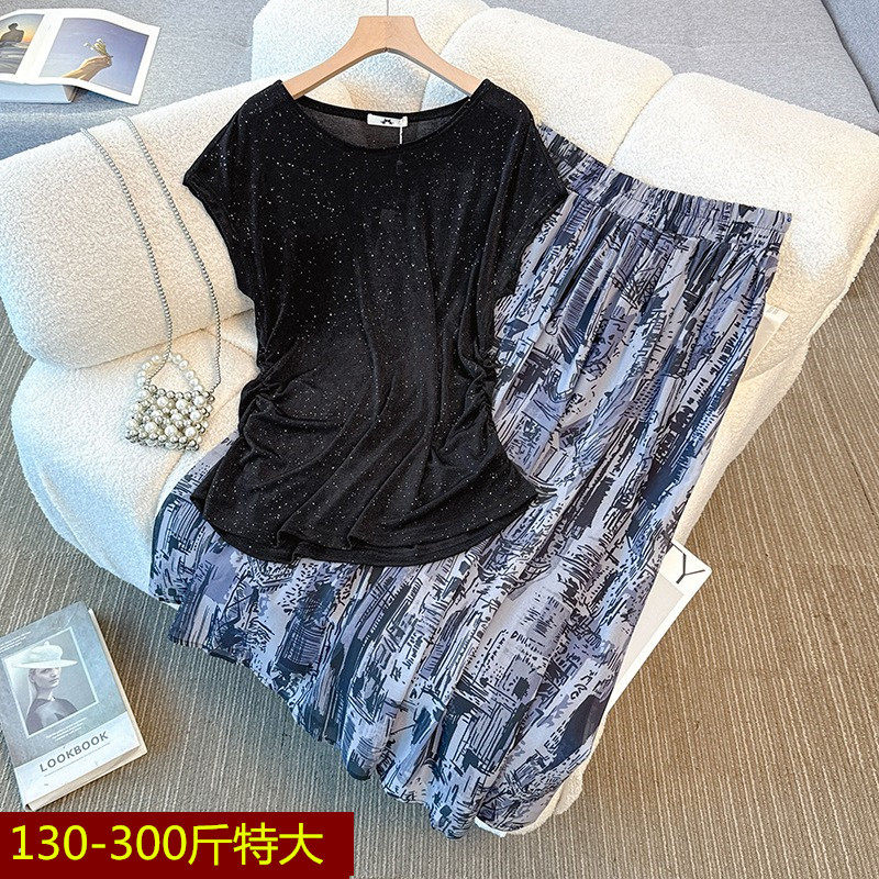 特大码300斤夏季韩版胖mm设计感洋气显瘦无袖T恤A字半身裙套装女