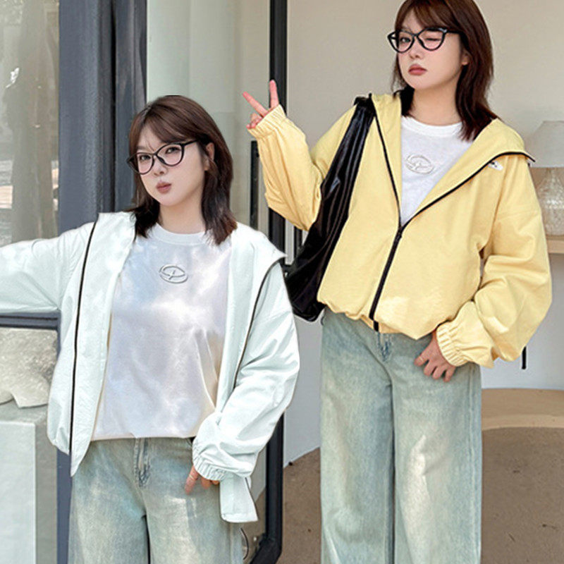 特大码女装时尚长袖连帽休闲工装外套300斤春秋胖MM宽松夹克上衣