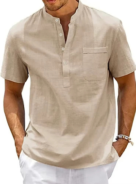 Cotton Linen Shirt Men Henley Neck Pocket Casual Beach Short