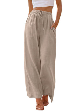 Women Linen Summer Palazzo Pants Flowy Wide Leg Beach Pants