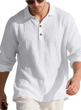 Mens Cotton Linen Henley T-Shirt Long Sleeve Hippie Casual