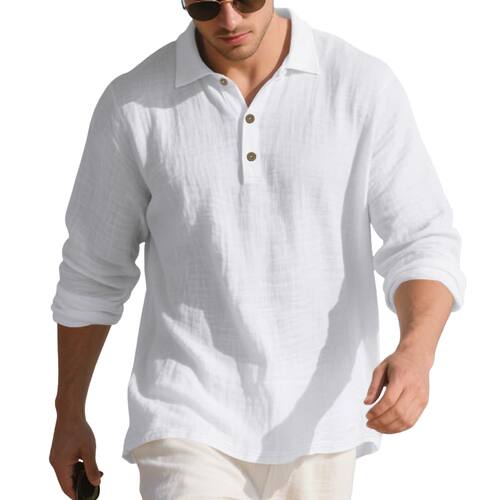 Mens Cotton Linen Henley T-Shirt Long Sleeve Hippie Casual