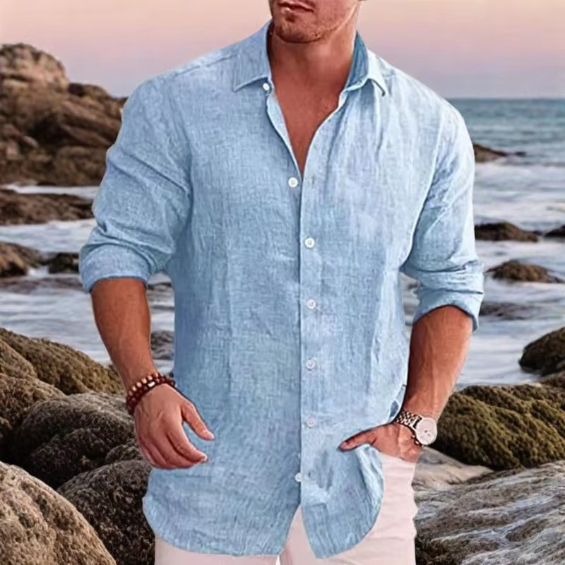 Men's cotton linen autumn hot long-sleeved shirt solid tops
