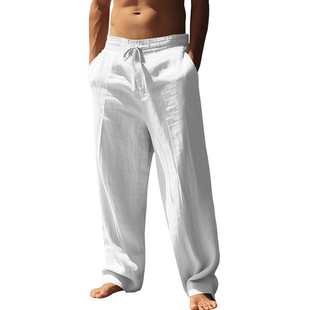 Mens Linen Pants Yoga Beach Loose Fit Casual Summer Elastic