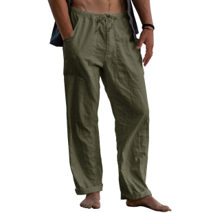 Yoga Beach Elastic Linen Waist Casual Pants Fit Mens Loose