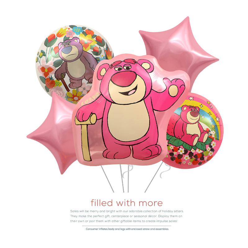 创意主题草莓熊铝膜气球抖音同款地推大号飘空草莓熊拉旗铝膜玩具