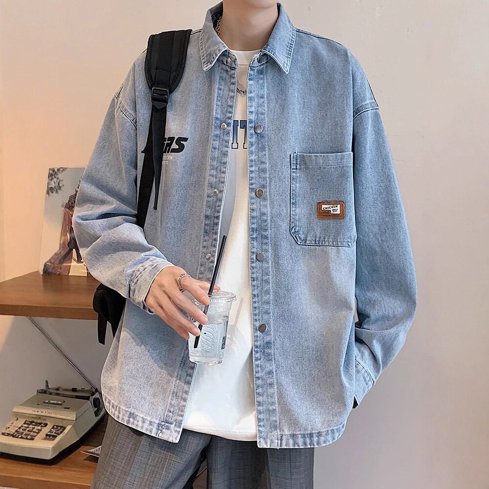 男生水洗牛仔长袖衬衫春秋季夹克青少年高品质上衣服翻领休闲