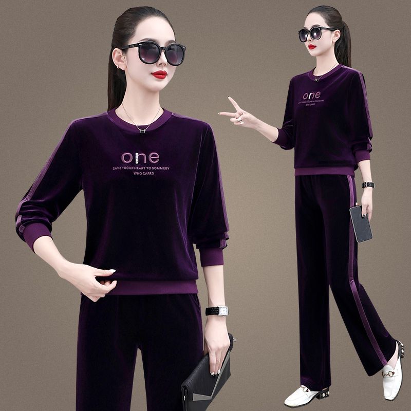 金丝绒套装女春秋2026新款妈妈圆领卫衣时尚减龄运动服休闲两件套