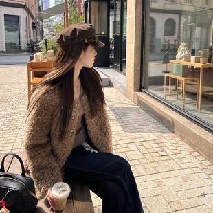 uuyeii 摩登二代 多纽扣棕色环保毛外套女秋冬皮毛一体上衣设计感