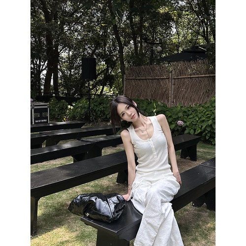uuyeii  美式修身针织吊带背心上衣女夏季白色绝美坑条外穿上衣