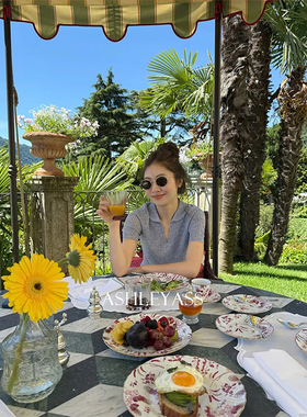 【ASLEE】时尚感灰色坑条娃娃领精致针织POLO上衣