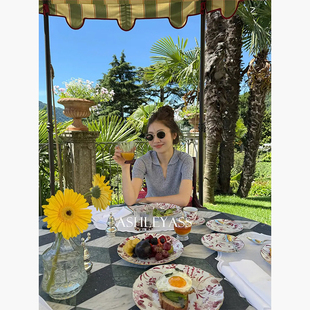 感灰色坑条娃娃领精致针织POLO上衣 时尚 ASLEE