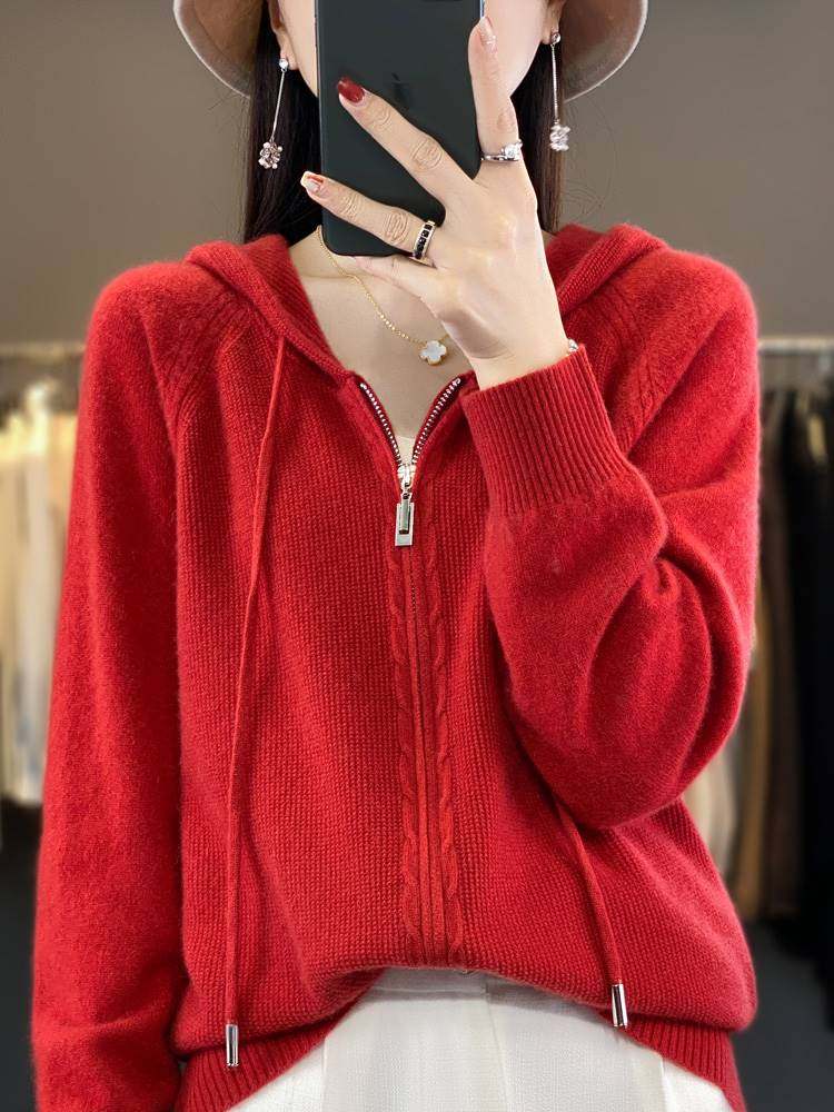 秋季新款女士羊毛针织衫双拉链连帽开衫纯色百搭外套气质上衣