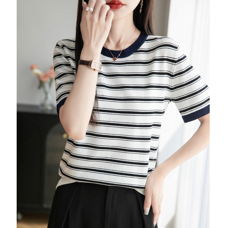 2025新款纯棉拼色园领条纹短袖圆领T恤宽松休闲撞色时尚半袖百搭