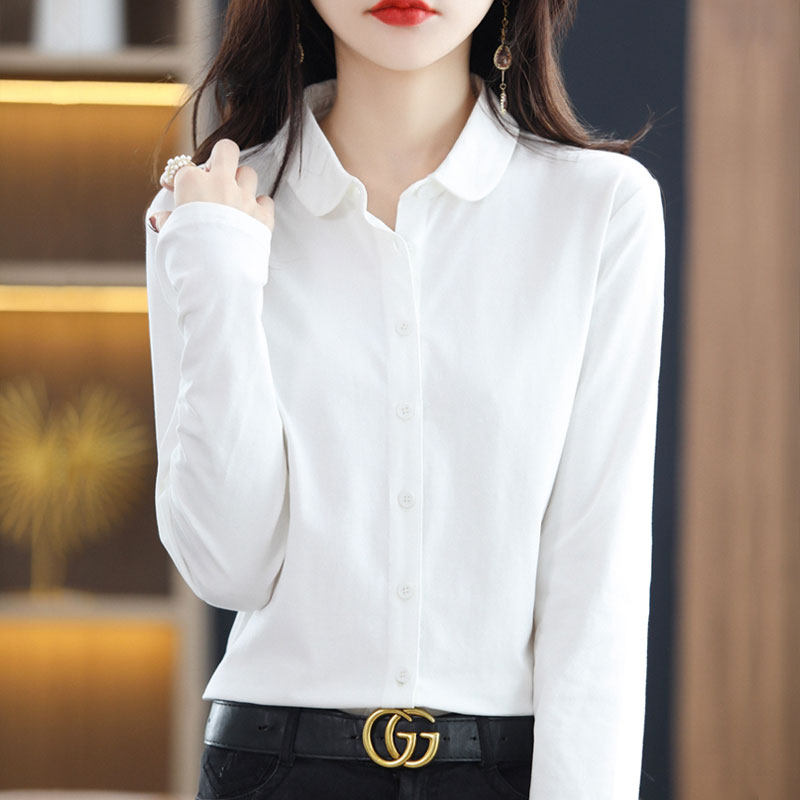 白色纯棉衬衣女宽松POLO领长袖开衫纯色高级感衬衫女职业商务女装