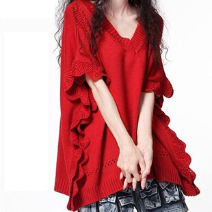 羊毛衫阿卡女装外套大红色大码披肩蝙蝠袖慵懒毛衣宽松针织上衣潮
