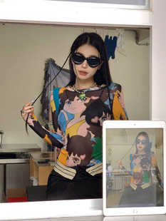 春夏新款个性自制全印花订染卡通长袖圆领透视网纱薄款上衣女