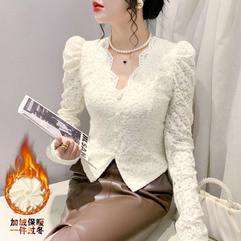 秋冬法式独特别致v领蕾丝网纱加绒加厚短款长打底衫内搭t恤女上衣