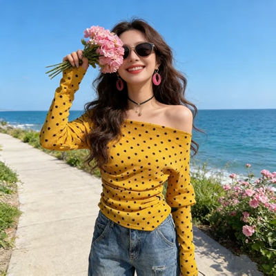 早春夏季新品不规则一字肩波点