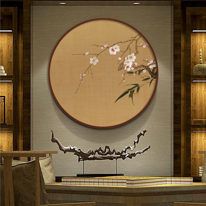 实木新中式圆形挂画客厅背景墙壁画餐厅玄关复古花鸟装饰画中国风图片