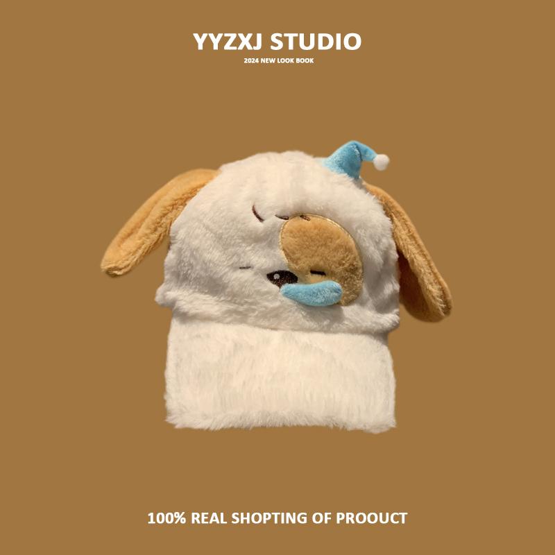 可爱卡通睡帽鼻涕小狗毛绒棒球帽子女秋冬季保暖萌趣显脸小鸭舌帽