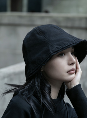 黑色毛边渔夫帽女秋冬水桶帽大头围高级感盆帽冷帽