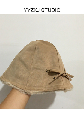 日系蝴蝶结麂皮毛绒水桶帽女秋冬保暖显脸小百搭盆帽渔夫帽女
