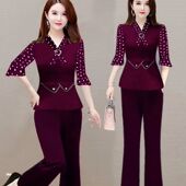 2023夏装 中年女士大码 新款 妈妈装 高档美腰遮肚子显瘦时尚 套装 短袖