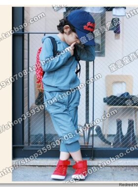 秋款韩版B2蓝色纯棉休闲连帽上衣裤子套装 运动装 童