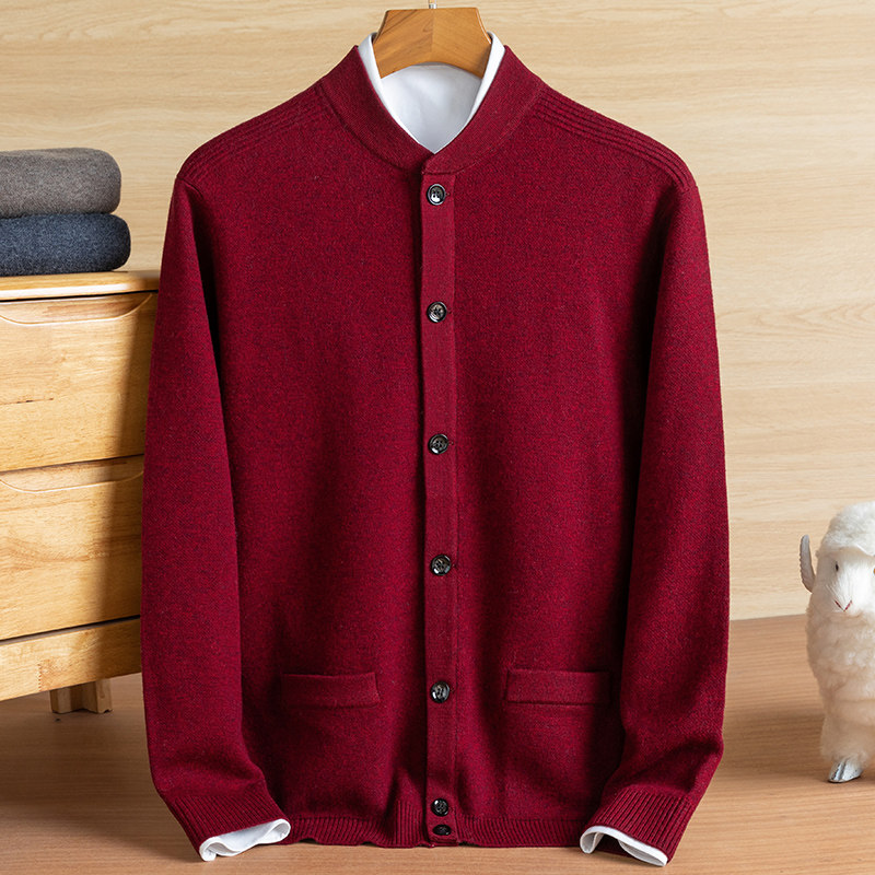 鄂尔多斯市男士羊绒衫开衫中老年立领红色加厚羊毛爸爸装毛衣