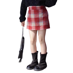 2024女童春冬红色毛呢格子包臀裙韩版儿童洋气半身裙女孩高腰短裙