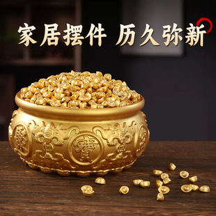 传统工艺纯黄铜聚宝盆沙金元宝招财聚福桶家居办公室纳福装饰摆件