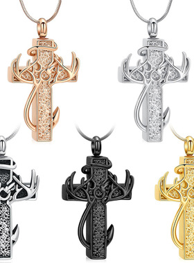 新品欧美个性鹿角十字架骨灰盒吊坠 男士坠饰纪念宠物刻字项链