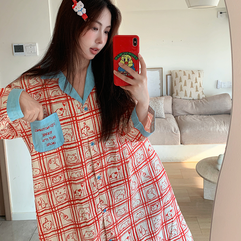 侘町2024新款线条动物长袖睡裙女春秋款纯棉睡衣可外穿卡通家居服