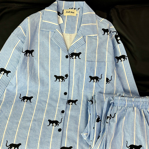 侘町2024年新款蓝调豹子条纹纯棉长袖睡衣女春秋季可外穿家居服