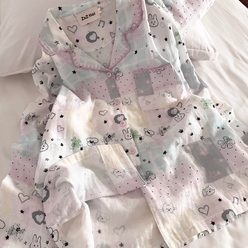 侘町y2k手绘星星睡衣女2025新款纯棉秋冬家居服开衫翻领休闲套装