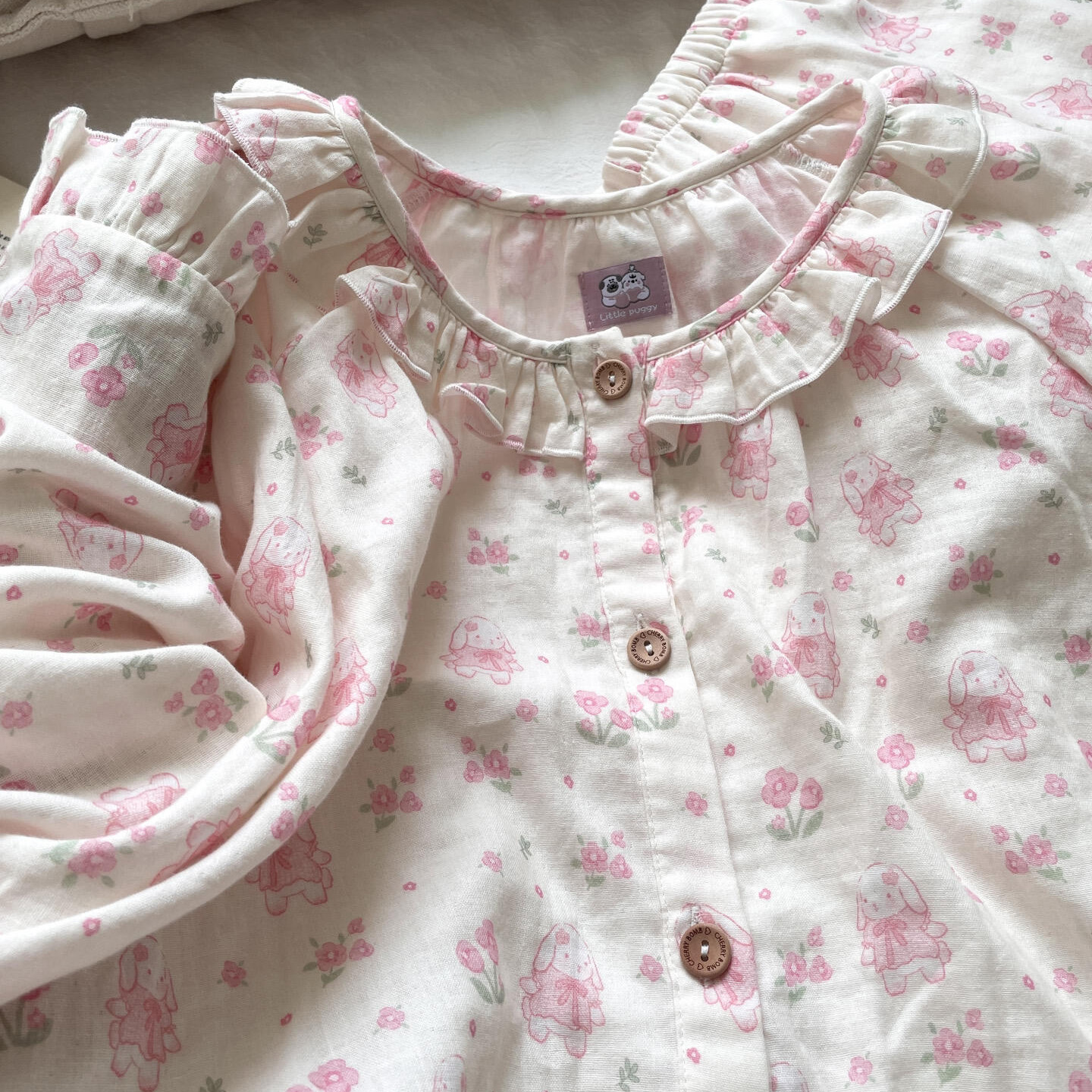 侘町2025新款垂耳兔花园纯棉双纱布长袖长裤居家睡衣卡通小熊套装