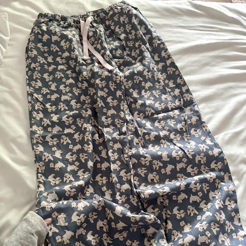 侘町2025新款全棉磨毛长裤休闲雪人跷跷板宽松卡通睡裤女居家长裤